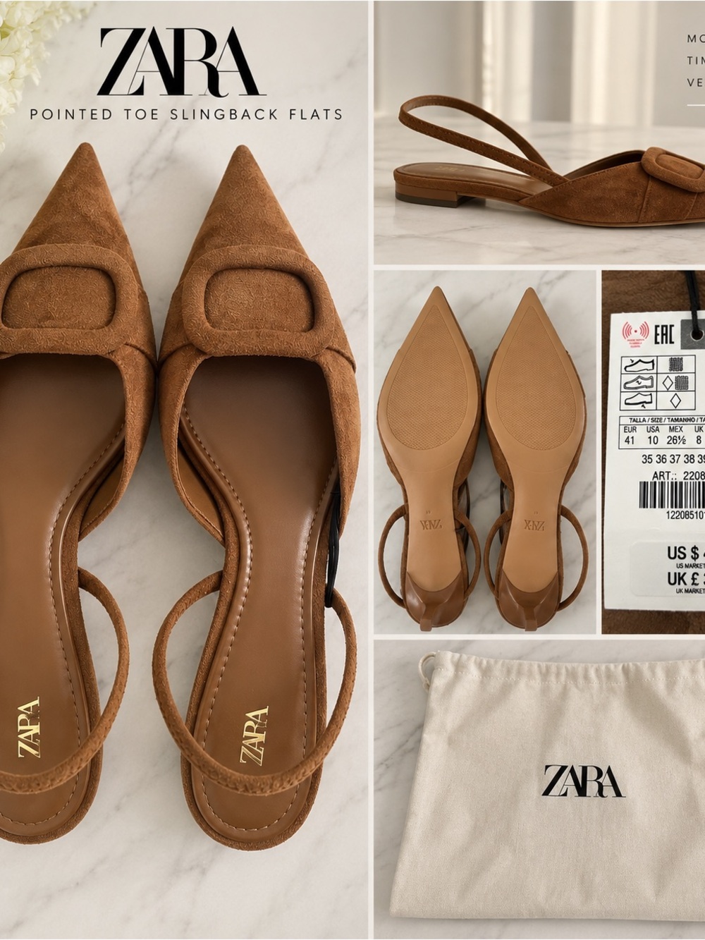 Zara Camel Brown Pointed-Toe Suede Slingback NWT 10/EU 41